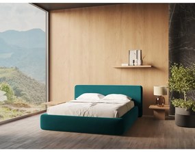 Tyrkysovomodrá čalúnená dvojlôžková posteľ s úložným priestorom s roštom 140x200 cm Kiana – Makamii