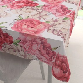 Biante Bavlnený obdĺžnikový obrus Sandra SA-746 Veľké ružovo-béžové pivonky na bielom 140x220 cm