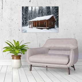 Sklenený obraz - Zasnežená chata (70x50 cm)