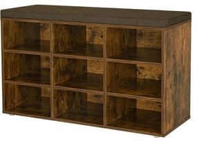 Lavička na topánky, botník s čalúneným sedadlom, 9 priehradiek, rustikálny hnedý