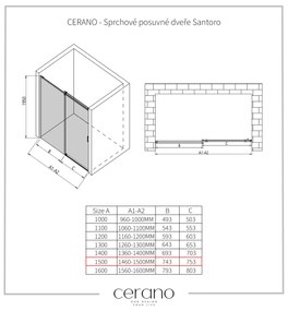 CERANO - Sprchové posuvné dvere Santoro Ľ/P - 8 mm - čierna matná, grafitové sklo - 150x195 cm, CER-CER-537439