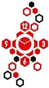 3D nalepovacie hodiny Hexagon červeno-čierne