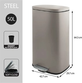 Taupe nášľapný oceľový odpadkový kôš 50 l Akira – Spirella
