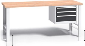 Výškovo nastaviteľný pracovný stôl do dielne G3 so závesným boxom na náradie, buková škárovka, 3 zásuvky, 1700 x 685 x 840 - 1050 mm, grafit