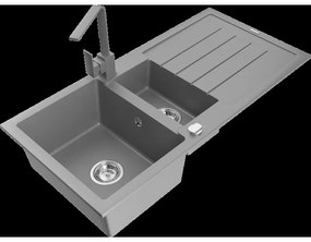 Mexen Andres granitový 1,5-komorový drez s odkvapkávačom a kuchynskou batériou Rita, Šedá - 6515-71-670300-71