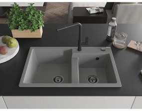 Mexen Tomas, 2-komorový granitový drez 800x500x190 mm a drezová batéria Flora, šedá, 6516-71-670401-70-B