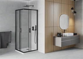 Mexen Rio, štvorcový sprchovací kút s posuvnými dverami 70(dvere) x 70(dvere) x 190 cm, 6mm číre sklo námraza, čierny profil + biela sprchová vanička SLIM, 860-070-070-70-00-4010