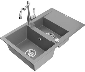 Mexen Gaspar, granitový drez 752x436x161 mm, 1,5-komorový a drezová batéria Carla, šedá, 6507-71-670700-00