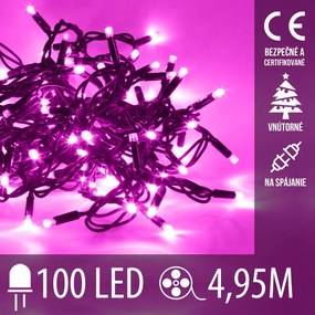 Vianočná led svetelná reťaz vnútorná na spájanie - 100led - 4,95m ružová