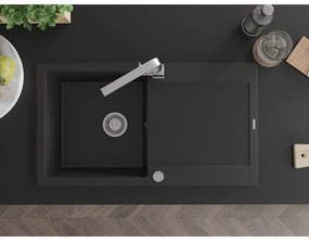 Mexen Leo, drez granitový 900x500x190 mm, 1-komorový, čierna s chrómovým sifónom a chrómová drezová batéria Rita, 6501-77-670300-00