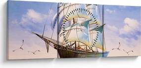 Obraz lode na vlnách (s hodinami) (90x30 cm)