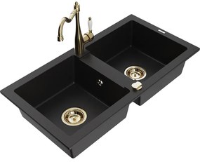 Mexen Mario, granitový drez 820x436x161 mm, 2-komorový a drezová batéria Carla, čierna, 6504-77-670700-50