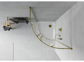 Mexen Rio, štvrťkruhový sprchovací kút s posuvnými dverami 80(dvere) x 80(dvere) x 190 cm, 6mm číre sklo, zlatý profil + biela sprchová vanička SLIM, 863-080-080-50-00-4110G