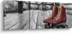 Obraz červených starých kolieskových topánok (s hodinami) (90x30 cm)
