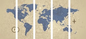 5-dielny obraz mapa sveta s kompasom v retro štýle - 200x100