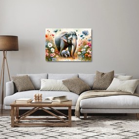 Sklenený obraz - Slonia mama, akvarel (70x50 cm)