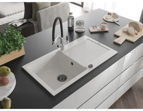 Mexen Leo, 1-komorový granitový drez 900x500x190 mm a drezová batéria Duo, biela, 6501-20-671701-07-B