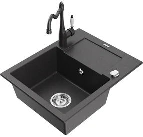 Mexen Enzo, granitový drez 576x465x174 mm, 1-komorový a drezová batéria Carla, čierna škvrnitá, 6506-76-670700-76