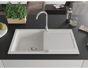 Mexen Leo, 1-komorový granitový drez s odkvapkávačom 90x50 cm a kuchynskou batériou Telma, biela, 6501-20-670200-00
