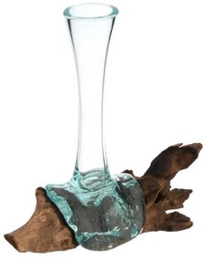 Fúkaná sklenená váza na teakovom dreve, 25 cm