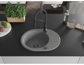 Mexen Kevin, 1-komorový granitový drez 586x458x190 mm a drezová batéria Aster, šedá, 6517-71-73450-70-B