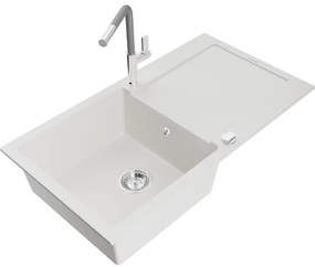 Mexen Leo, 1-komorový granitový drez 900x500x190 mm a drezová batéria Flora, biela, 6501-20-670401-06