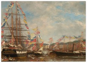 Sklenený obraz - Eugène Boudin, Festival in the Harbor of Honfleur, reprodukcia (70x50 cm)