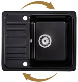 Sink Quality Sapphire, granitový kuchynský drez 565x460x210 mm + čierny sifón, 1-komorový, čierna, SKQ-SAP.C.1KKO.XB