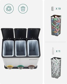 Odpadkový kôš na separovaný odpad 45 litrov (3 x 15 L), nerezový