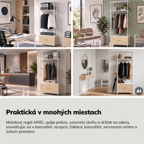 Kancelársky regál otvorený s tyčou na oblečenie, do recepcie a čakárne, kovový, biely/dub sonoma, 800x2200x400 mm: ARIEL Eco Design