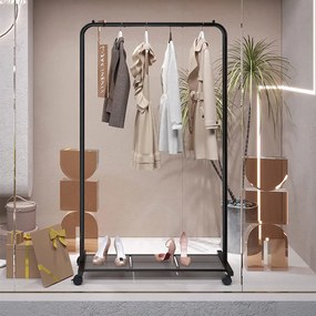 Kovový stojan na oblečenie s kolieskami, horná koľajnica do 40 kg, čierny