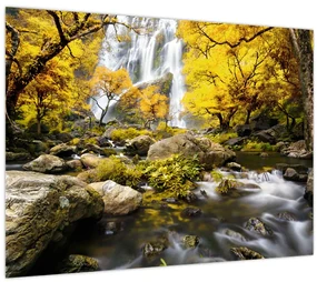 Sklenený obraz - Vodopády v jesennej krajine, žlté (70x50 cm)