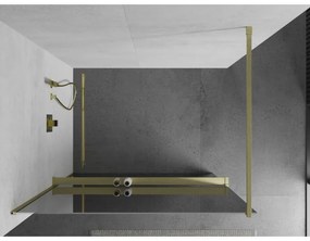 Mexen Kioto+, sprchová zástena Walk-In s poličkou a vešiakom 110 x 200 cm, 8mm sklo vzor zrkadlo, zlatý matný profil, 800-110-121-55-50