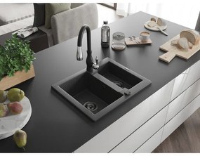 Mexen Carlos, 1,5-komorový granitový drez 582x475x177 mm a drezová batéria Savita, čierna škvrtnitá, 6518-76-672601-70-B