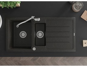 Mexen Andres, granitový drez 1000x500x200 mm, 1,5-komorový a drezová batéria Carla, čierna-zlatá metalíza, 6515-75-670700-00