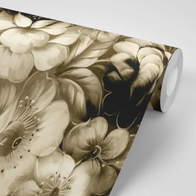 Samolepiaca tapeta kvetiny v sépiovom prevedení - 150x100