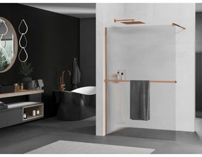 Mexen Kioto, sprchová zástena s poličkou a vešiakom na uteráky 130 x 200 cm, 8mm sklo s rebrovým vzorom, ružové zlato profil, 800-130-121-60-09