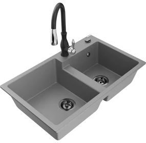 Mexen Tomas, granitový drez 800x500x190 mm, 2-komorový a drezová batéria Savita, šedá, 6516-71-672601-70-B