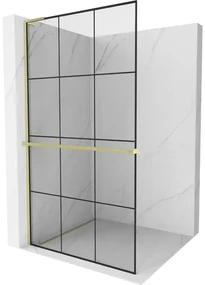 Mexen Kioto+ L, sprchová zástena Walk-In s poličkou a vešiakom 100 x 200 cm, 8mm číre sklo čierny vzor, zlatý matný profil, 800-100-123-55-77