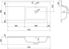 Mexen Rivel, kúpeľňová skrinka 90 cm s pravým umývadlom Otis, 2S, 1D, drážkovaná, biela matná, 91A23-09047-3-BBFFF01-W18P01