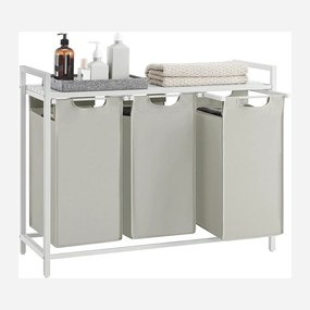 Kôš na bielizeň, 3 priehradky, s poličkou, kovový rám, biely