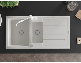 Mexen Andres, granitový drez 1000x500x200 mm, 1,5-komorový a drezová batéria Carla, biela, 6515-20-670700-20