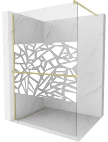 Mexen Kioto+, sprchová zástena Walk-In s poličkou a vešiakom 120 x 200 cm, 8mm číre sklo biely vzor, zlatý matný profil, 800-120-121-55-85