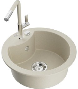 Mexen Diego, 1-komorový granitový drez 488x488x167 mm a drezová batéria Flora, béžová, 6512-69-670401-09
