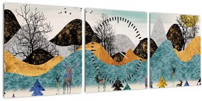 Grafický obraz s jeleňmi (s hodinami) (90x30 cm)
