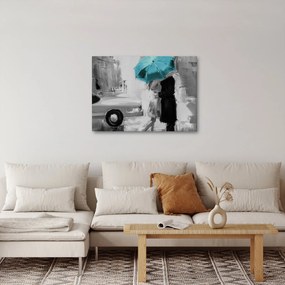 Obraz - Zamilovaný pár s dáždnikom, modrý (70x50 cm)