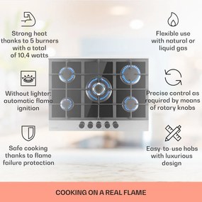 Klarstein Alchemist, plynová varná doska, 5 hliníkových horákov, sklokeramika, čierna