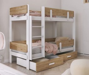 Detská poschodová posteľ z masívu borovice ETTORE so šuplíkmi - 200x90 cm - biela/dub shetland