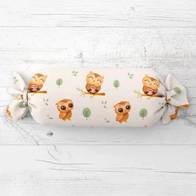 Biante Detský vankúš valec bonbon Sandra SA-616 Sovičky na vetvičkách na bielom 15x60 cm