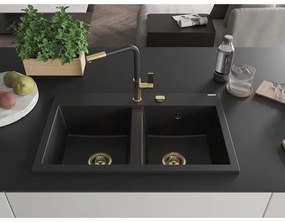 Mexen Hektor, 2-komorový granitový drez 800x480x205 mm, čierna, zlatý sifón,- 6521802000-77-G